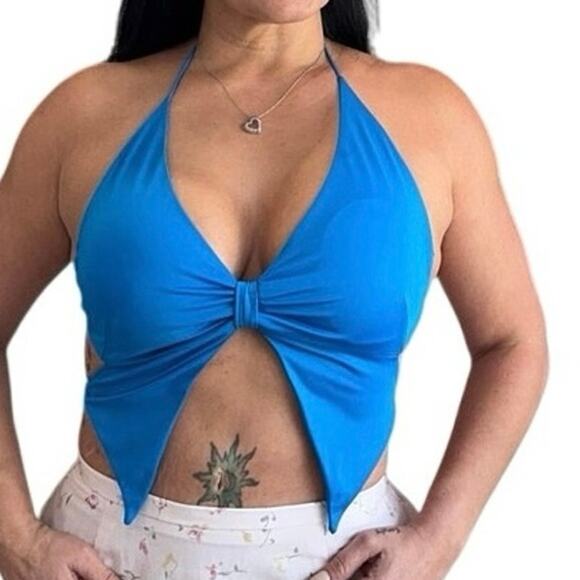 Blue Halter Tie Back Crop Top Y2K Cut Out Festival Clubwear Sexy Open Back - Picture 1 of 4